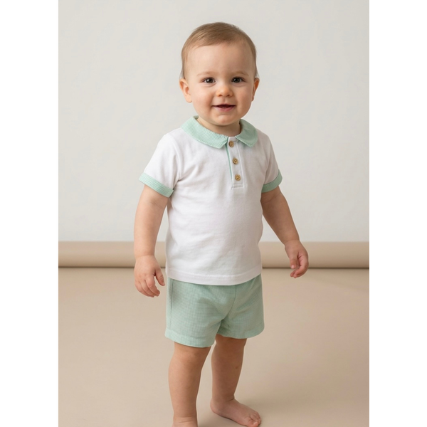 Babidu Baby Boy White and Green Gingham Cotton Shorts Set