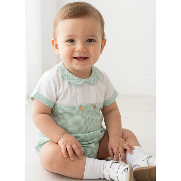Babidu Baby Boy White and Green Gingham Romper