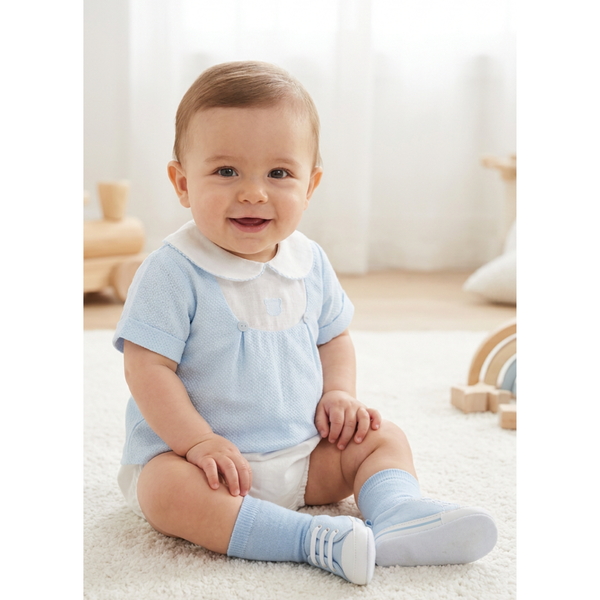 Babidu Baby Boy White and Pale Blue Teddy Bubble Short Set