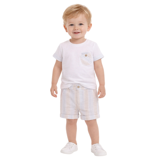 Everything Must Change (EMC) Baby Boy Beige and Grey Blue T-shirt and Short Set.