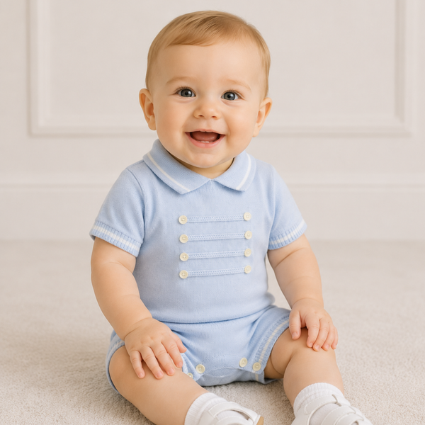Sarah Louise Baby Boy Fine Knit Shortie Romper in Pale Blue