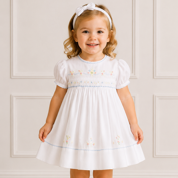 Sarah Louise Baby Girl White with Blue Dress