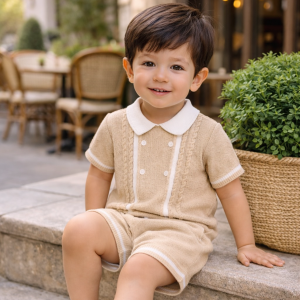 Sarah Louise Boys Fine Knit Top and Short Set in Beige