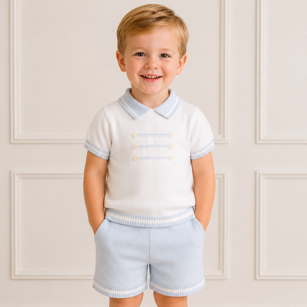 Sarah Louise Baby Boy Fine Knit Top and Short Set in Pale Blue and White