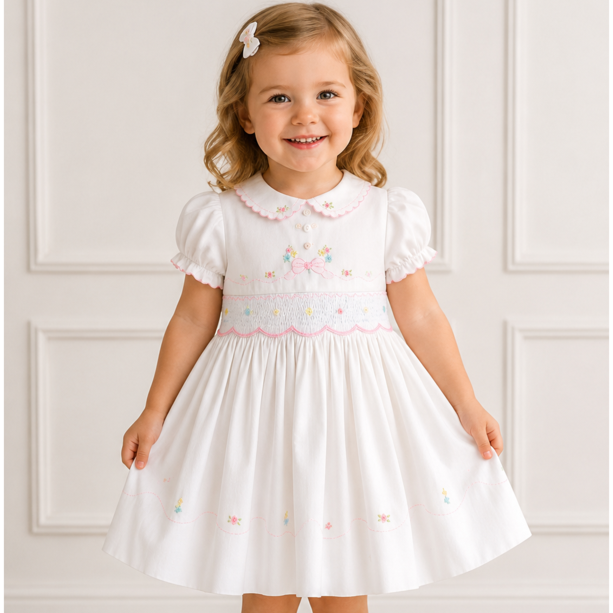Sarah Louise Girls White with Pink Hand Smocked Bodice Dress
