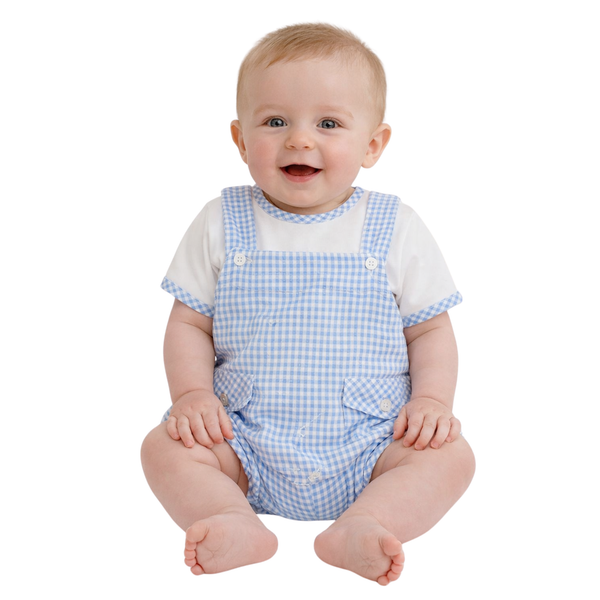 Sardon Baby Boy Blue and White Gingham Dungaree Romper.
