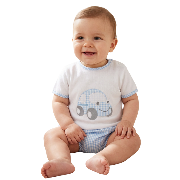 Sardon Baby Boy Pale Blue and White Gingham Bubble Short Set.